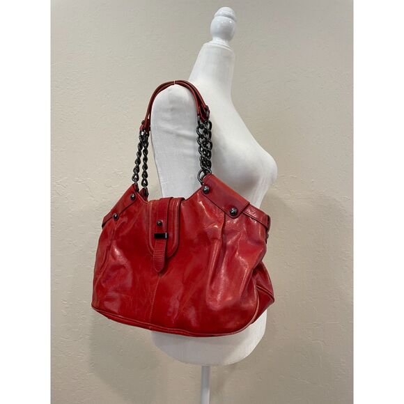 ~ Kenneth Cole NY leather bag shoulder purse brick red, double strap metal chain - Picture 1 of 16